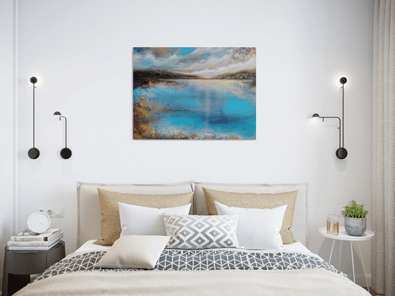 A large semi-abstract beautiful structured mixed media painting of a seascape with the sunrise "A new day" from "Silence" series