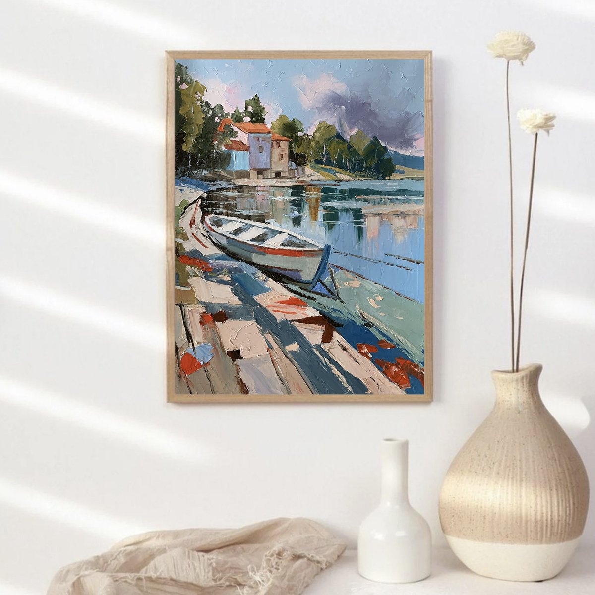 Expressive Landscape Oil Painting By Vita Schagen, 16 X 20", Sailboat On The Lake., Original Artwork