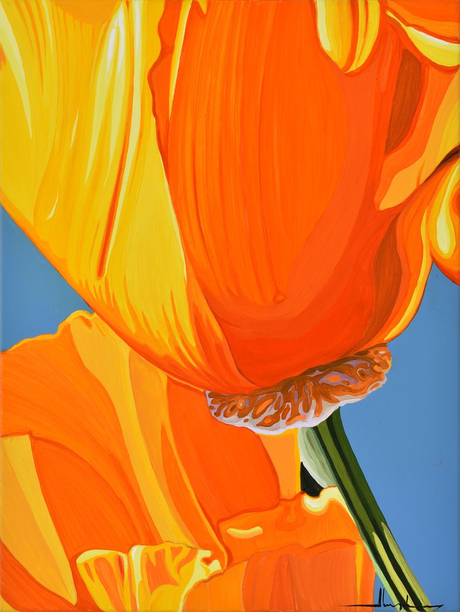 Urban And Pop Botanical Acrylic Painting By Alex Nizovsky, 18 X 24, Californian Poppy And Wind #7, Original Artwork