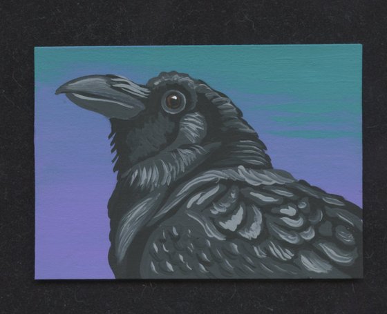 ACEO ATC Original Miniature Painting Crow Raven Bird Wildlife Art-Carla Smale