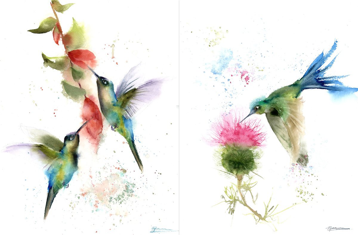 Impressionistic Watercolour , Hummingbirds And Flower - Diptych By Olga Tchefranov (Shefranov), 24 X 16, Artwork For Sale On Artfinder