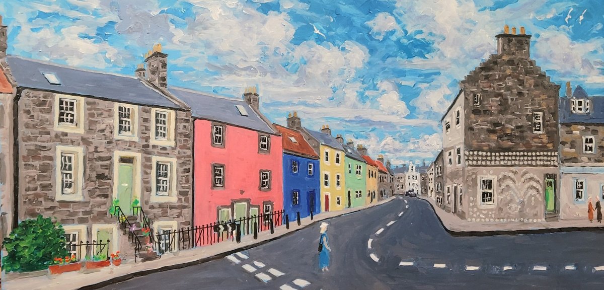 Cityscapes Acrylic Painting By Colin Ross Jack, 40 X 20, High Street West Anstruther, Original Artwork