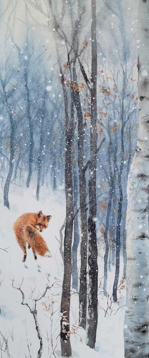 Fox in the Winter Forest by Olga Beliaeva Watercolour