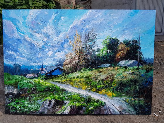 Spring in village (80x120cm oil painting, impressionism)