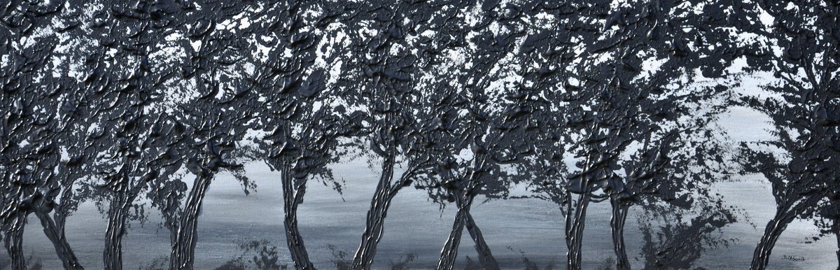 Impressionistic Landscape Acrylic Painting By Daniel Urbani?k, 35 X 12, Black Trees, Original Artwork