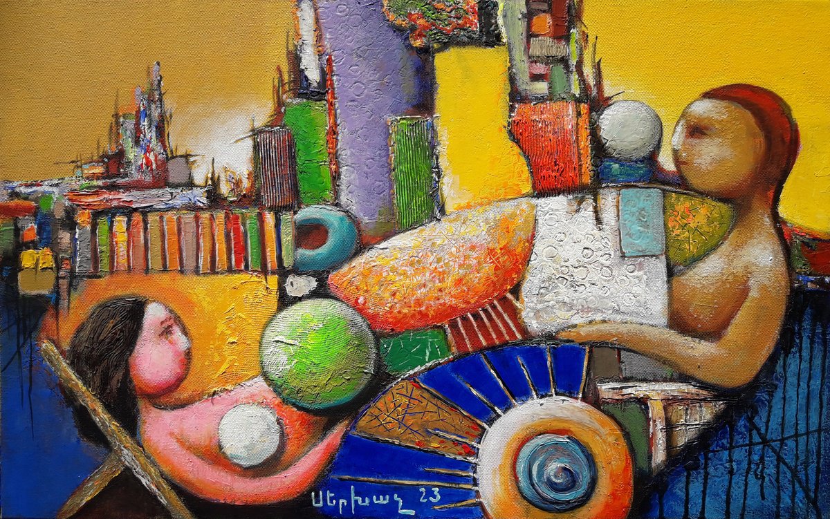 Abstract Oil Painting By Sergey Xachatryan, 31 X 20", Relaxing, Original Artwork