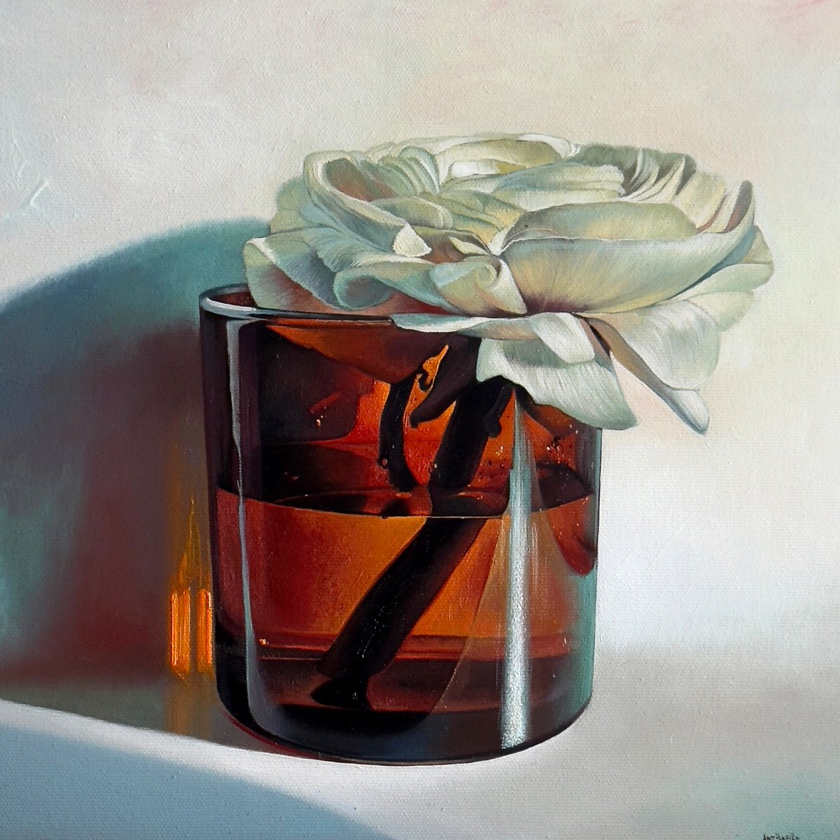 Photorealistic Botanical Oil Painting By Anastasia Parfilo, 12 X 12, White Morning Flower, Original Artwork