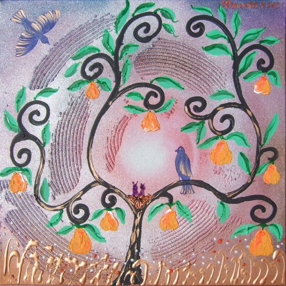 Pear tree and blue birds textured painting T014  original floral art 40x40x2 cm stretched canvas wall art