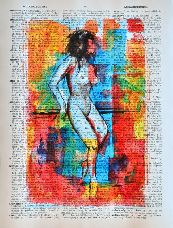 Waiting - Collage Art on Large Real English Dictionary Vintage Book Page