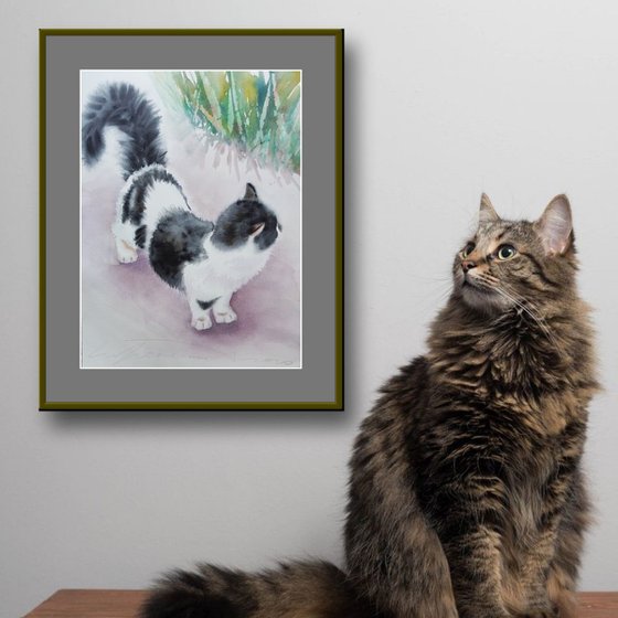 Black and White Cat in Watercolor Animal Pets Painting