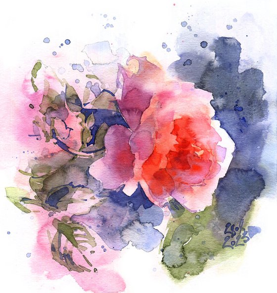 "Morning light" - original watercolor orange rose sketch