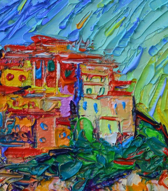MANAROLA SUNSET COLORS CINQUE TERRE ITALY modern impressionism impasto textural palette knife oil painting abstract stylized cityscape by Ana Maria Edulescu abstract cities
