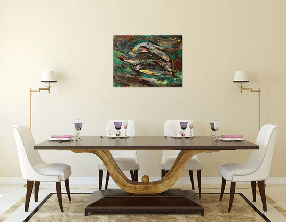 Morning Catch - Catch of the Day - Still Life with Fish - Animal Art - Medium Size - Kitchen Decor - Fishing -  60x80