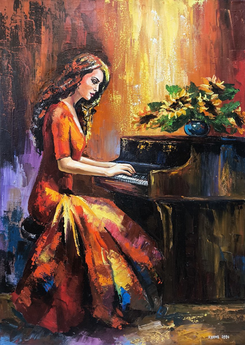 Expressive Portrait Oil Painting By Karine Harutyunyan, 24 X 31", Piano Solo, Original Artwork
