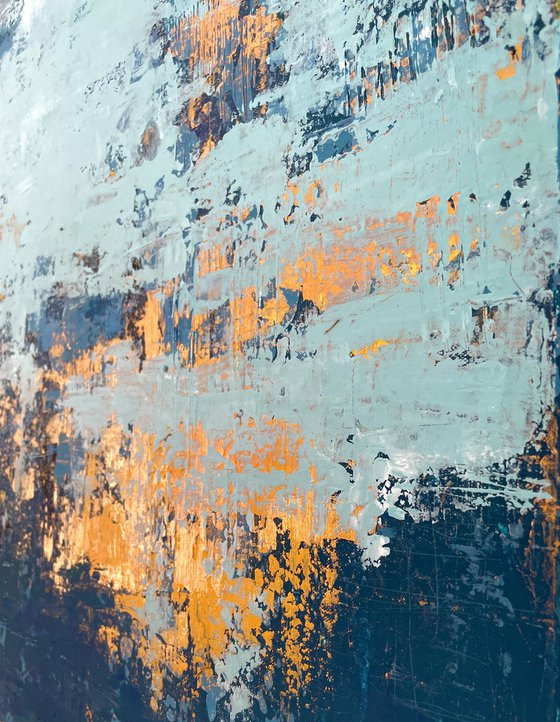 BLUE TEMPTATION - 60 x 80 CM - TEXTURED ABSTRACT PAINTING ON CANVAS * BRIGHT BLUE * PETROL * GOLD * COPPER