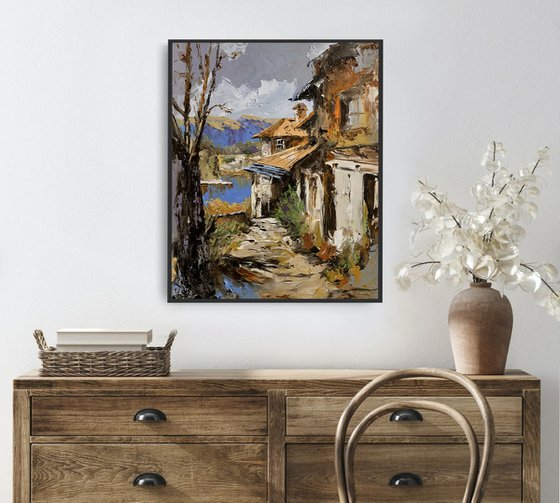 Rustic Village Landscape by the Water.