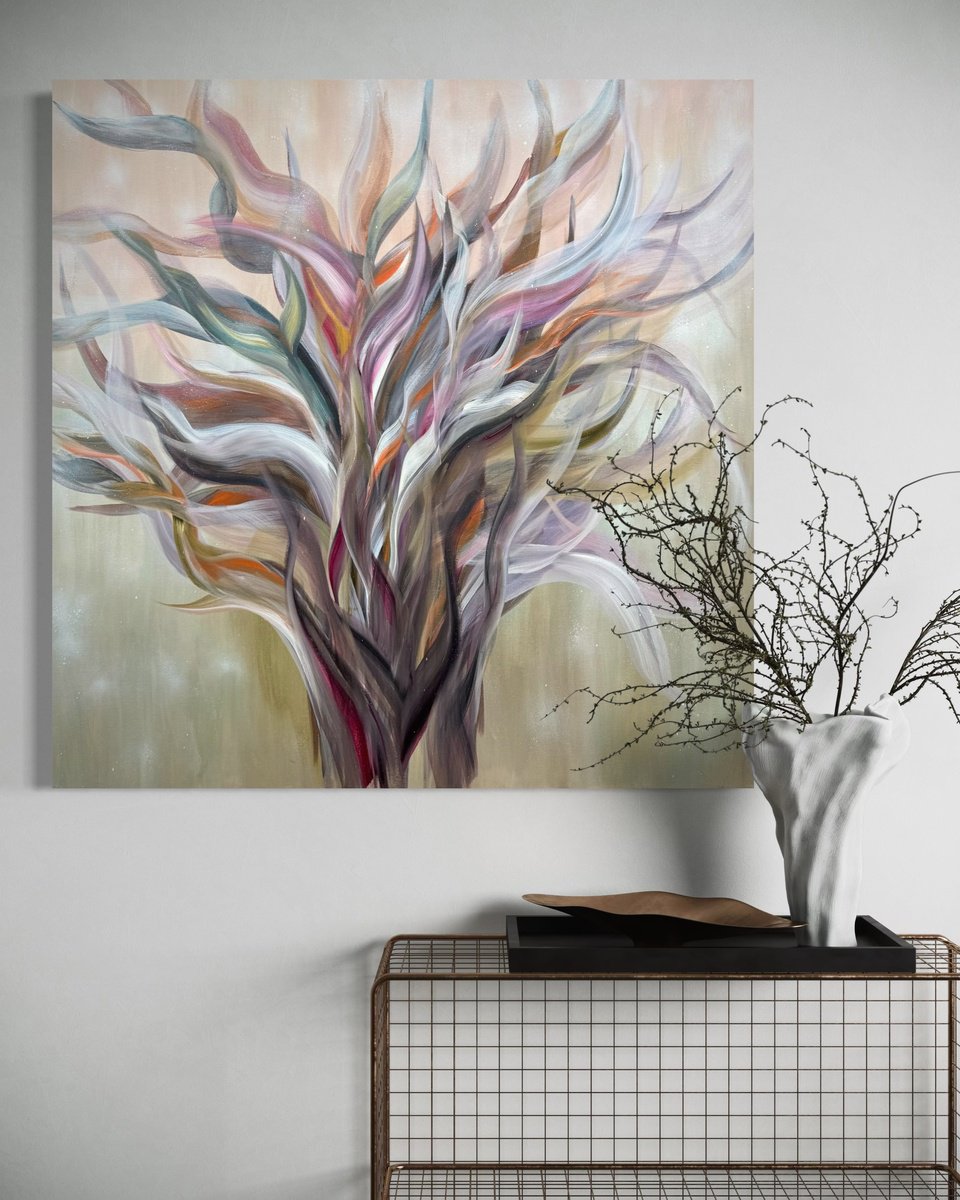 Impressionistic Botanical Acrylic Painting By Tanja Frost, 35 X 35", Echo Of Imagination, Original Artwork