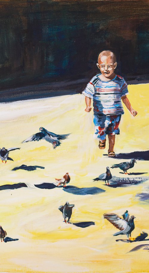 Run like nobodie is watching. L'art de vivre series. City landscape street kid street scene. Medium size painting by Sasha Romm