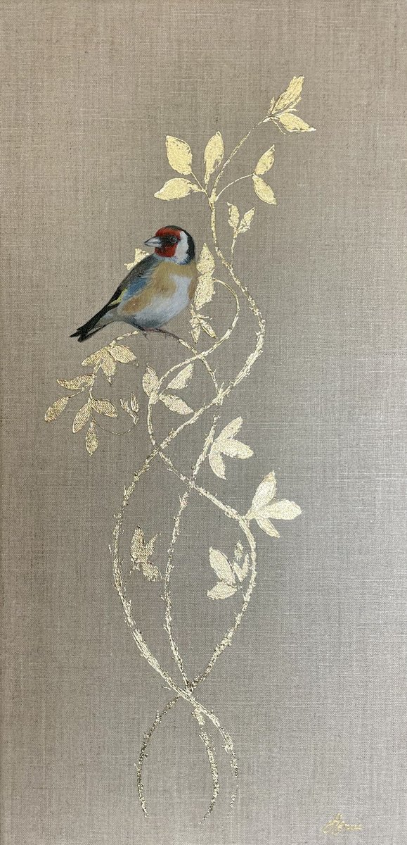 Goldfinch and Golden Ornamental Rose by Hannah Bruce