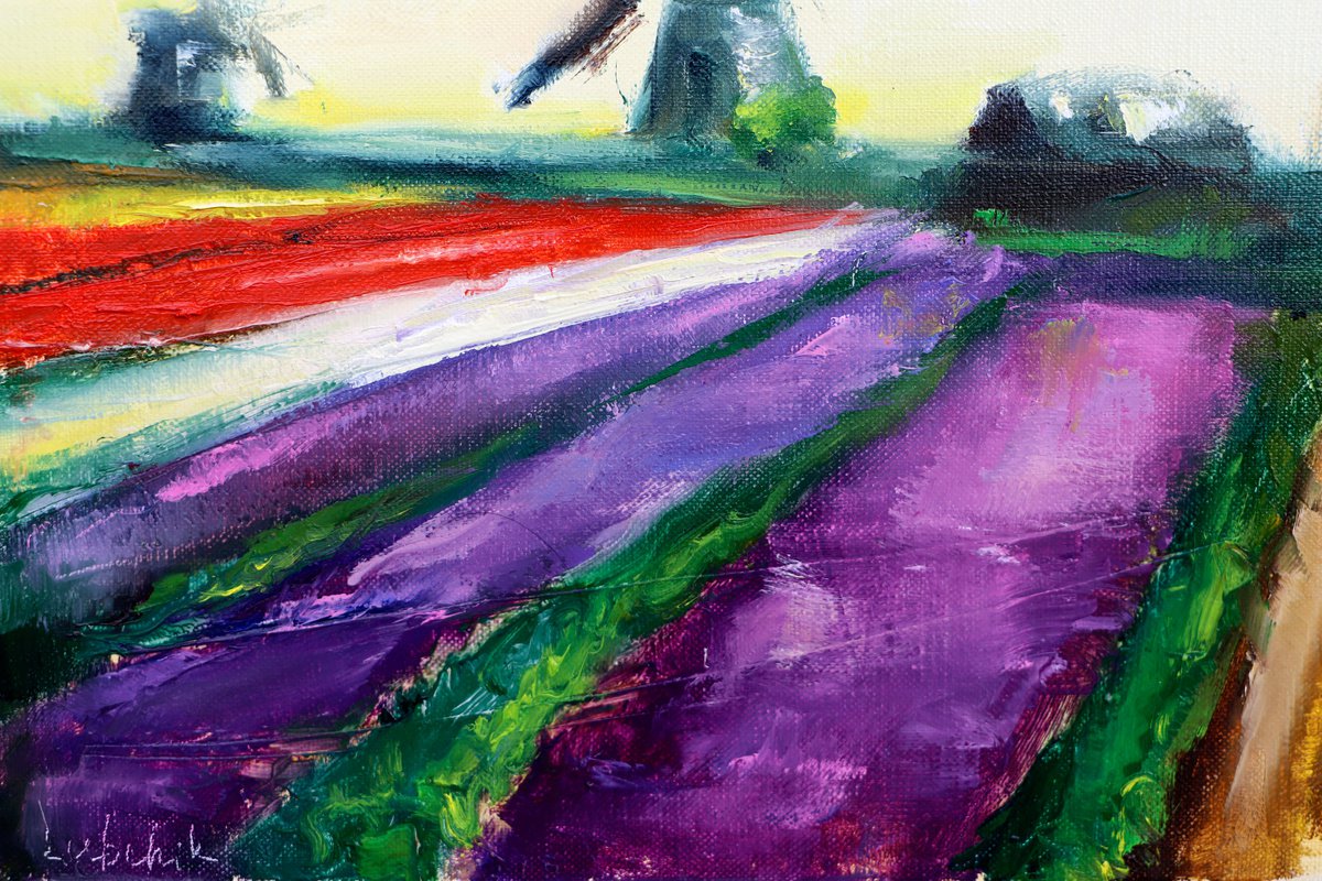 Tulips -11h x 14w x 1d acrylic painting of a tulip field 2024 and windmill on stretched canvas