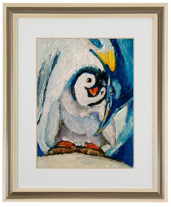 Penguin Painting Bird Original Art Penguin Chick Artwork Snow Wall Art