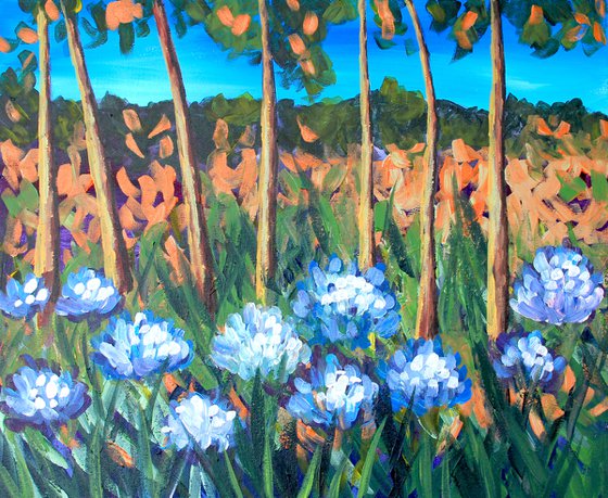 Very positive painting with bright trees and flowers original oil painting on canvas