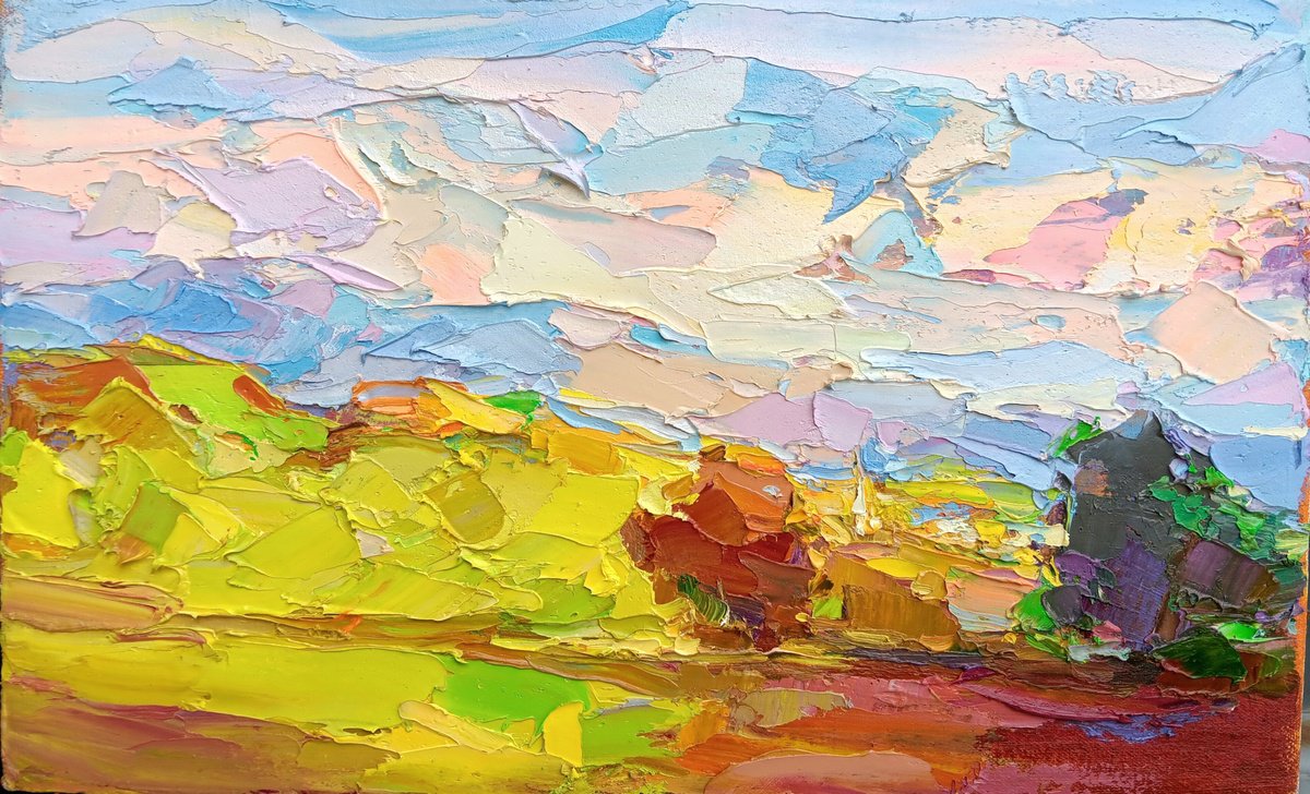 Impressionistic Landscape Oil Painting By Ruslan Khais, 18 X 11", The Heat, Original Artwork