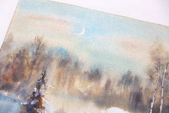 Winter forest in watercolor, Snow landscape, Moon and trees