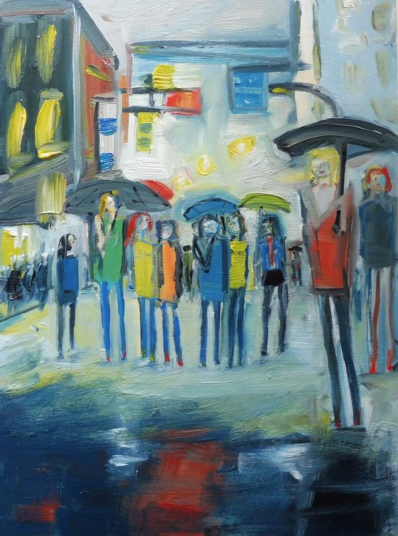 RAINY DAY LONDON SCHOOL OUTING. Original Cityscape Figurative Oil Painting. Varnished.