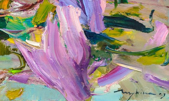 Magnolia branch, spring impressions . Blooming tree . Original oil painting