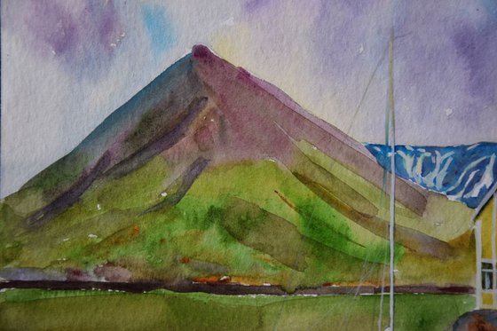 Watercolor painting Ships in Iceland, Green mountains and sea