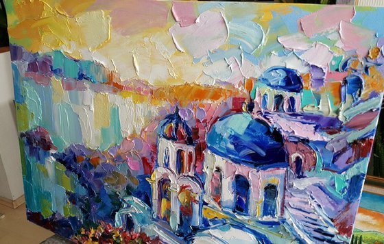 Santorini Greece Sunset, city art, landscape painting