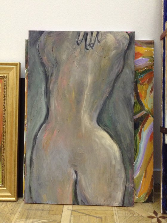 NUDE. NIGHT - original painting, nude erotic art, dark coloured female figure, nude girl back night