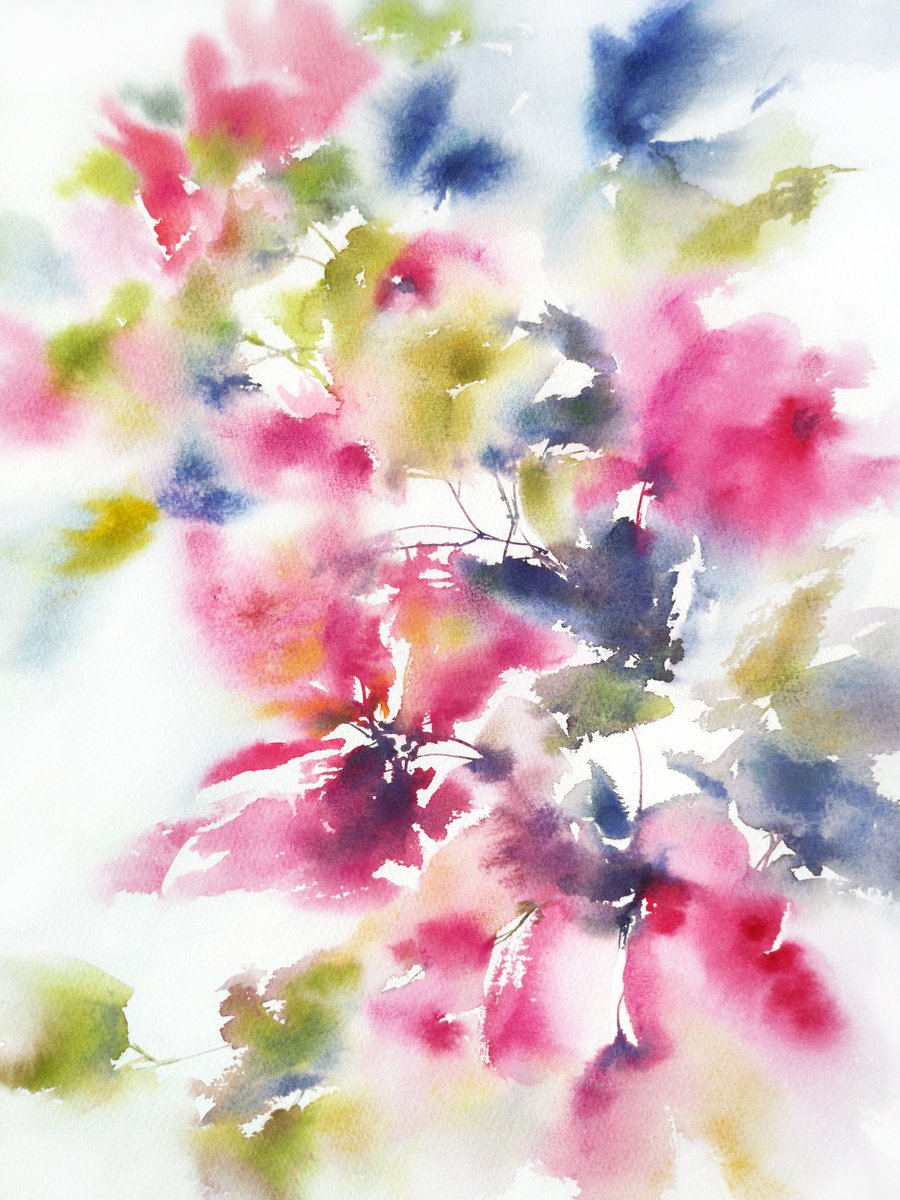 Abstract flowers watercolor painting Southern flowers by Olya Grigo