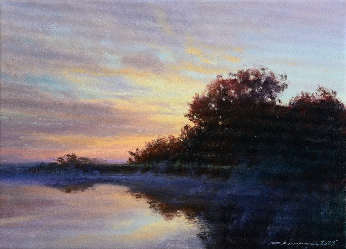 Impressionistic Landscape Oil Painting By Ruslan Kiprych, 14 X 10", Dawn Over The River, Original Artwork