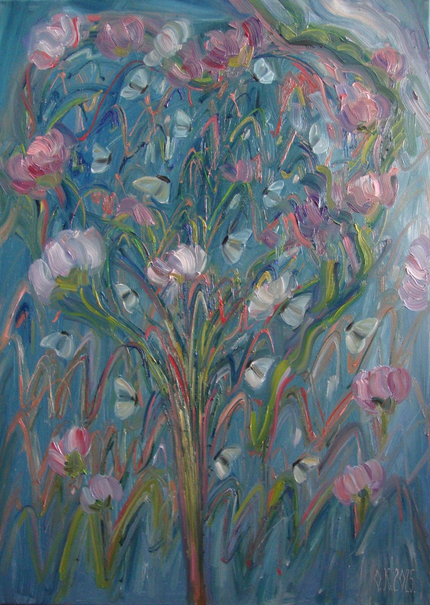 Abstract Botanical Oil Painting By Olga Knezevic, 20 X 28", Tree Of Gentleness, Original Artwork