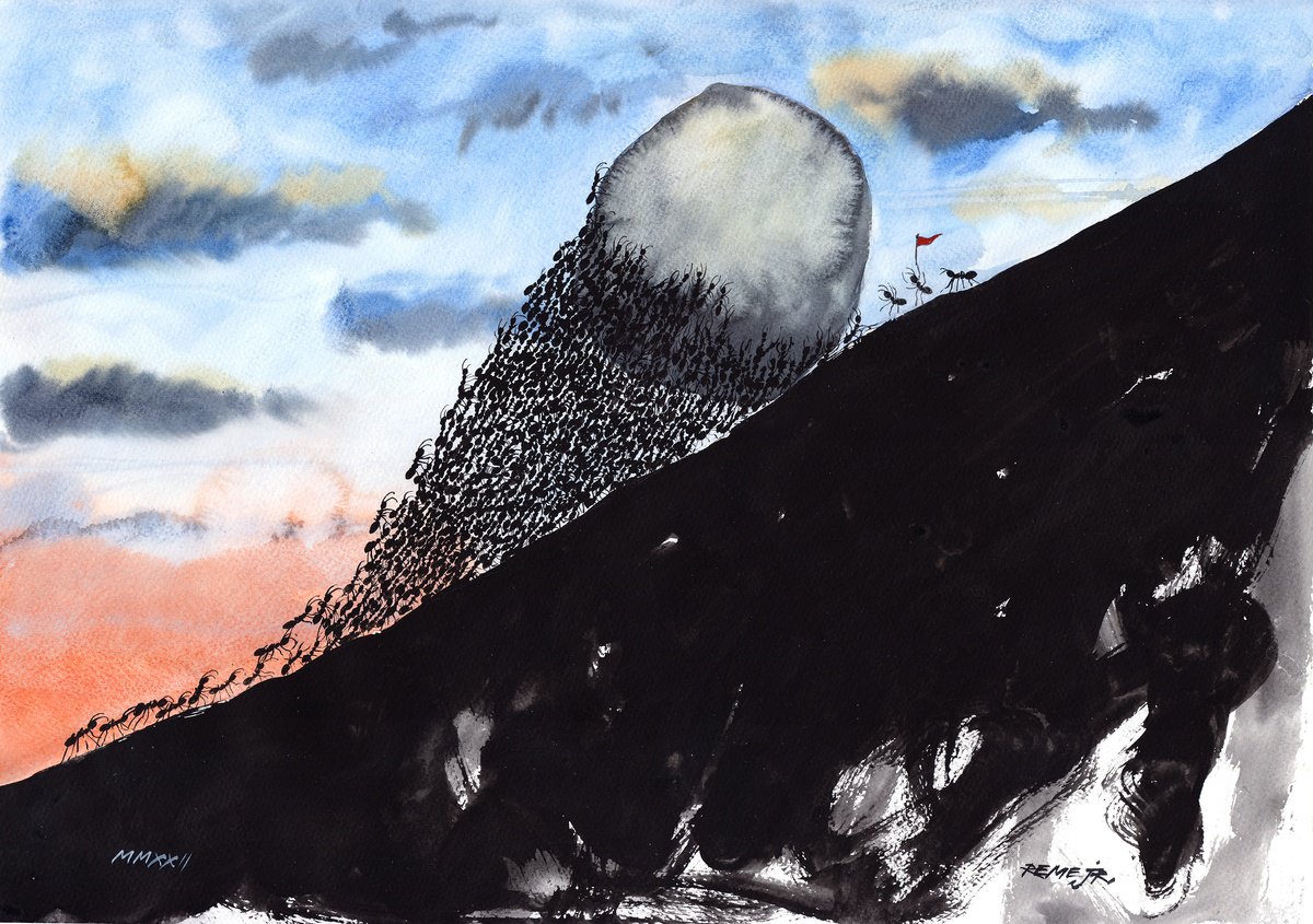 Expressive Animal Watercolour By Reme Jr., 20 X 14", Ants And The Rock, Original Artwork