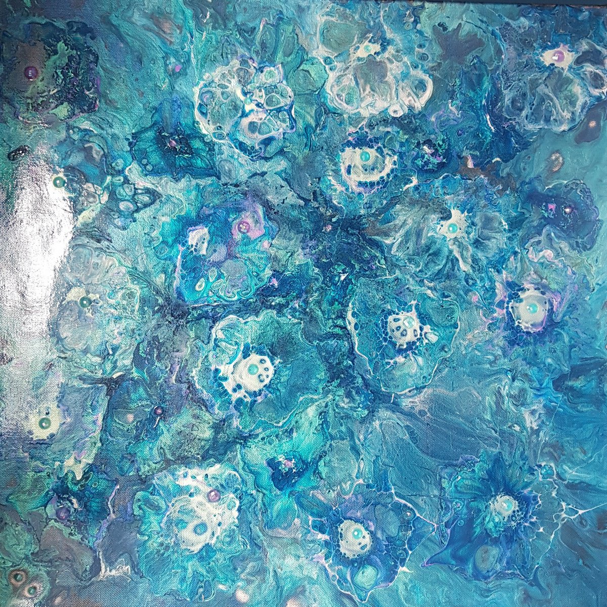 Many turquoise flowers by Fiona J Robinson