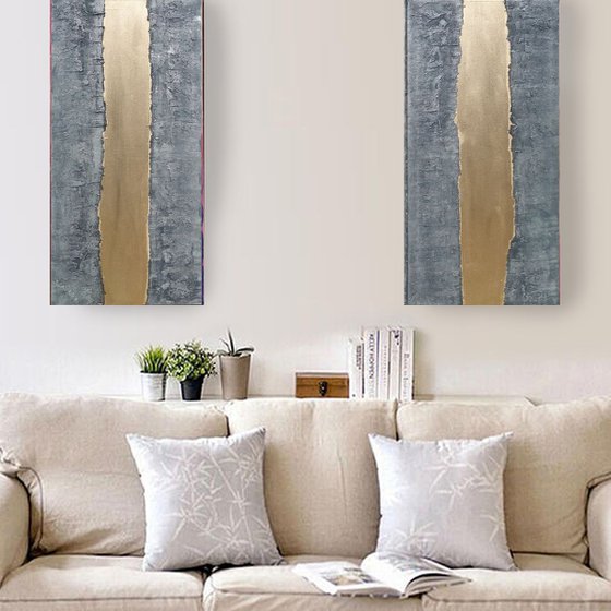 steel gold stripe painting A244 Vertical long  50x200x2cm decor  original abstract art Large paintings stretched canvas acrylic art industrial metallic textured wall art
