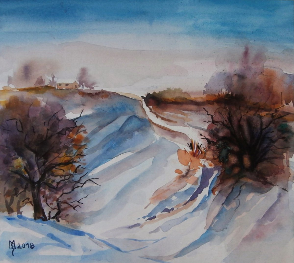 Impressionistic Landscape Watercolour By Zoran Mihajlovic Muza, 11 X 10", Winter Landscape, Original Artwork