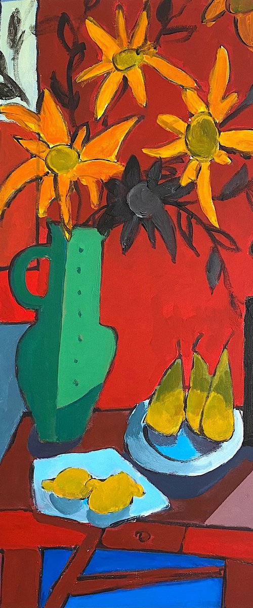 Green Vase on Red Table with Fruits. by Mutlu Ertac