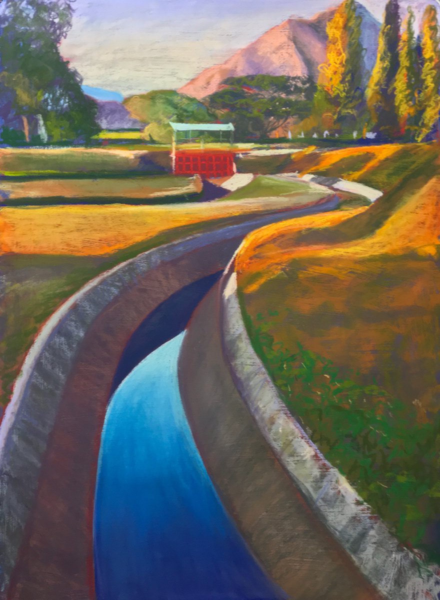 Impressionistic Landscape Pastel Drawing By John Cottee, 20 X 28, Geometry In Blue & Gold, Original Artwork