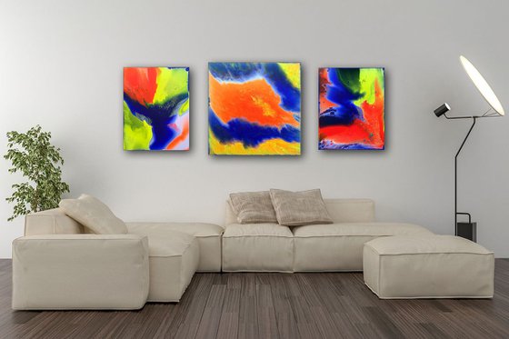 "Razzmatazz" - FREE USA SHIPPING - Original Triptych, Abstract PMS Acrylic Paintings Series - 56" x 24"