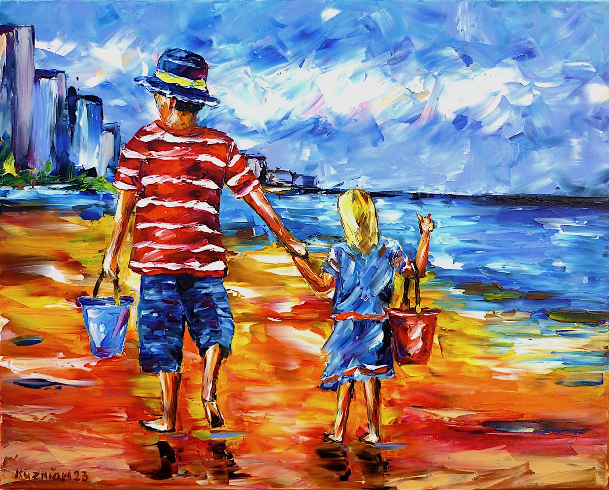 Expressive Portrait Oil Painting By Mirek Kuzniar, 20 X 16", The Two Of Us On The Beach, Original Artwork