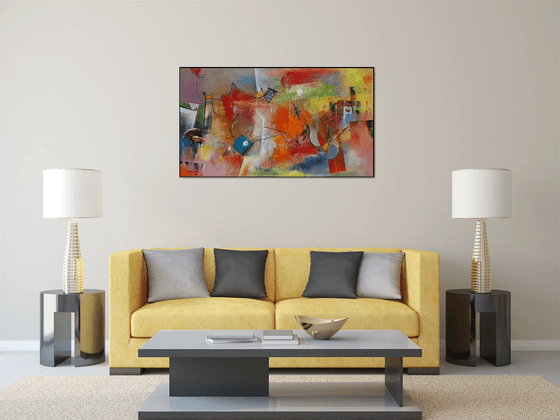 The Heat Of The Day, Large abstract painting, Original art, Oil on canvas, horizontal painting 82x145 cm, red tones