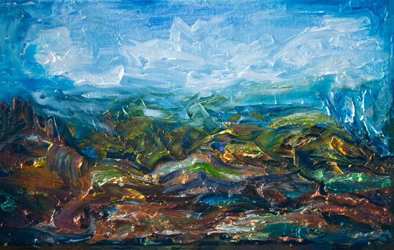 Windy Day in the Grassland. Original Oil Painting Impressionist Landscape.