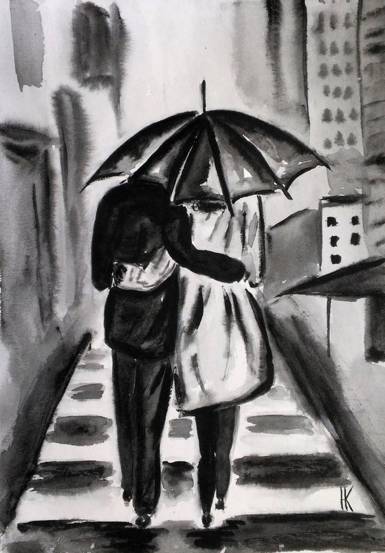 New Yorker Painting Couple Original Art Ambrella Watercolor NYC Artwork Walk Small Cityscape Home Wall Art 8 by 12" by Halyna Kirichenko