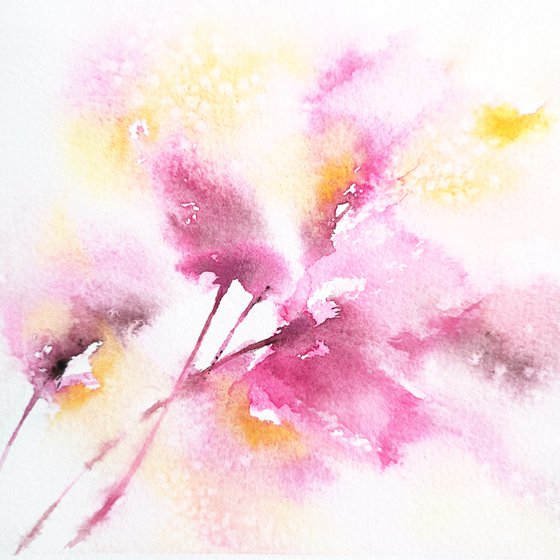 Small floral card, watercolor loose flowers, pink floral miniature painting