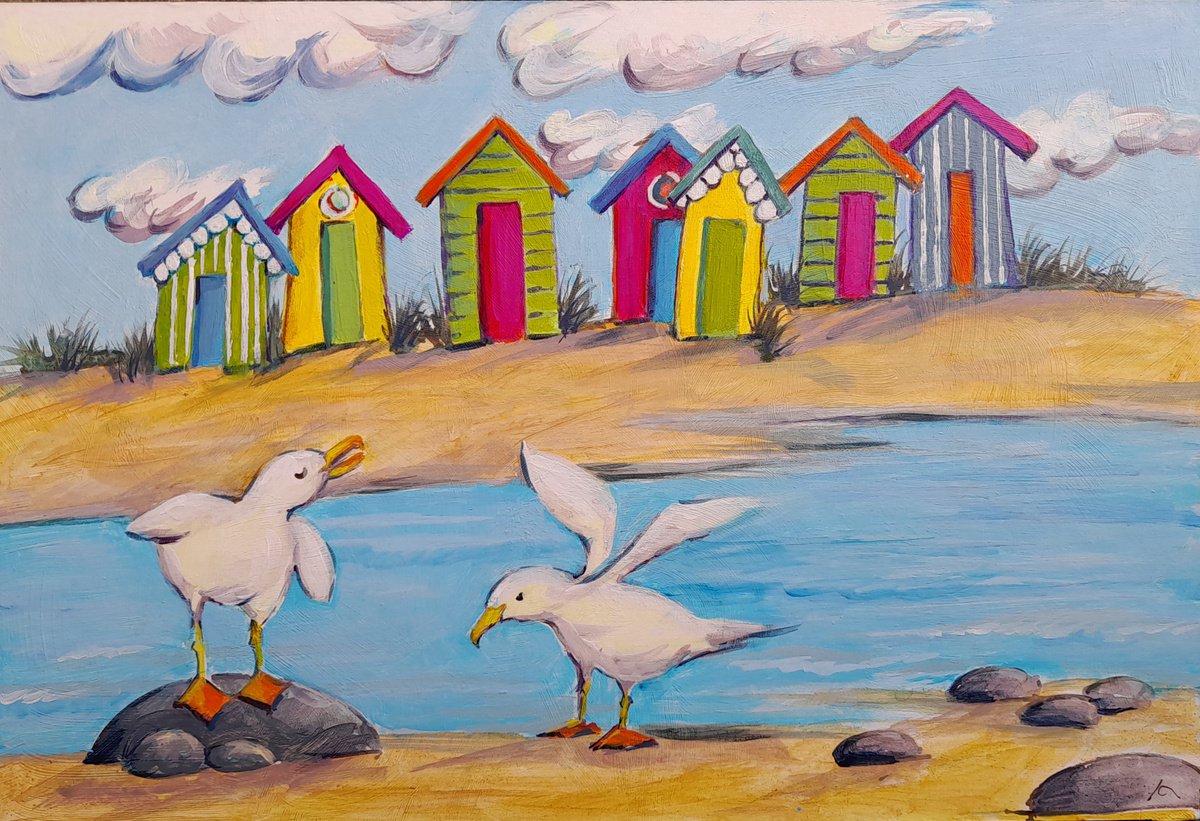 Beach huts and seagulls, An original acrylic seaside art by Anjana Cawdell