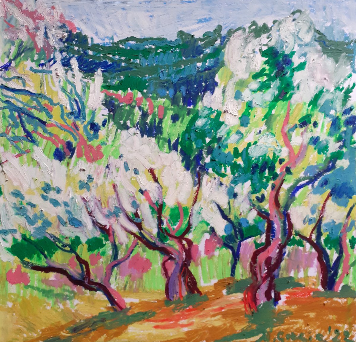 Impressionistic Pastel Drawing , Olive Grove By The Mountains By Maja Grecic, 12 X 12, Artwork For Sale On Artfinder
